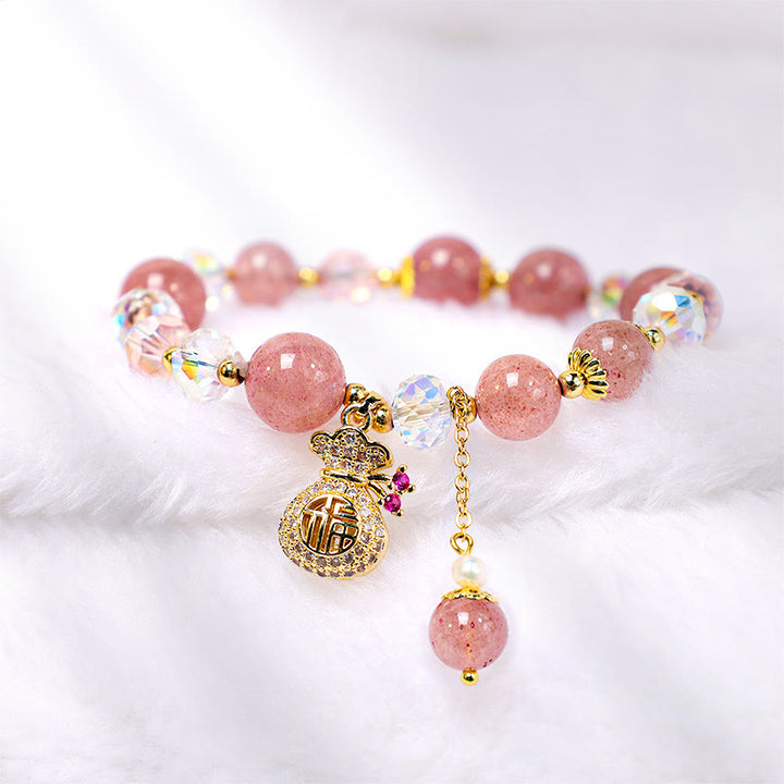 Buddha Stones 天然ストロベリークォーツ マネーバッグチャーム付き ポジティブブレスレット