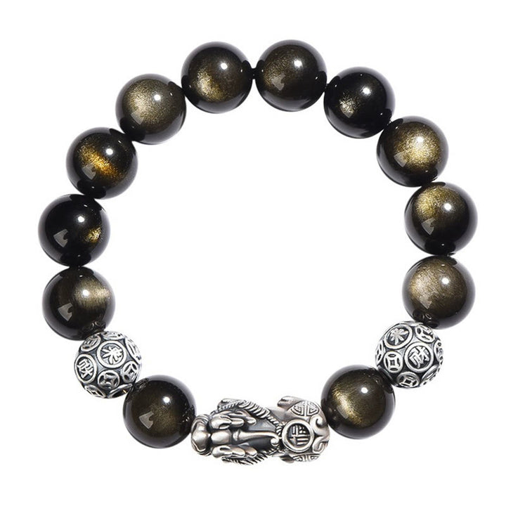 Buddha Stones925スターリングシルバー 天然ゴールド 光沢 黒曜石 貔貅 富の守護ブレスレット