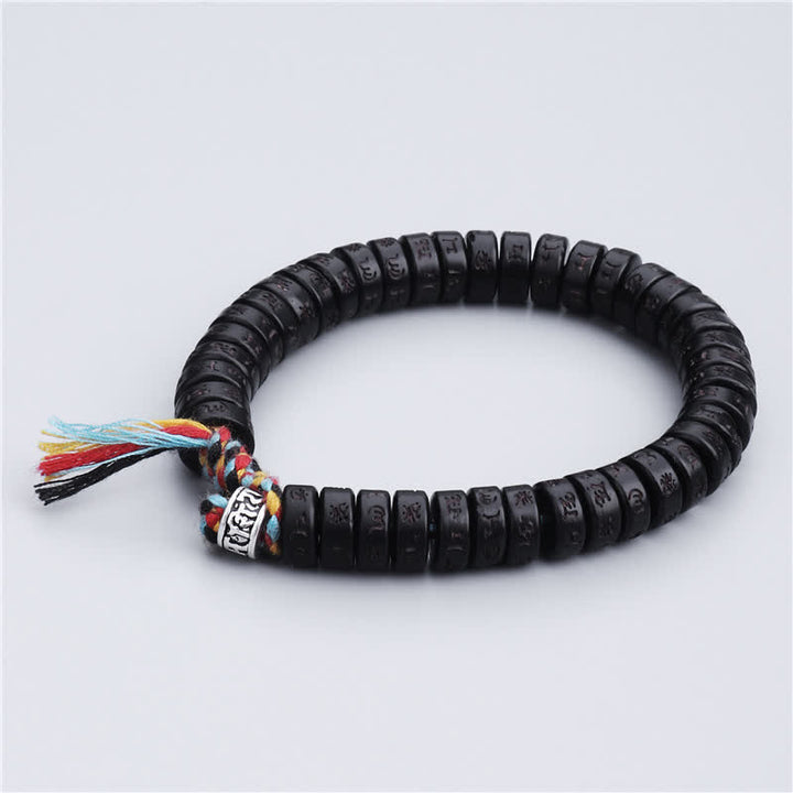 Buddha Stonesチベットココナッツシェルビーズ 彫刻入りオーム・マニ・パドメ・フムマントラ 幸福ブレスレット