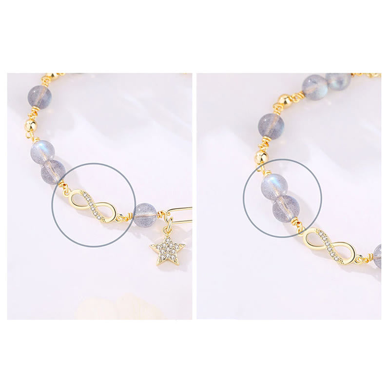 Buddha Stones 14Kゴールドメッキ 天然ストロベリークォーツ ムーンストーン メビウスループ 永遠の愛 星 ポジティブブレスレット