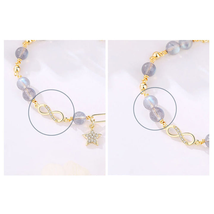 Buddha Stones 14Kゴールドメッキ 天然ストロベリークォーツ ムーンストーン メビウスループ 永遠の愛 星 ポジティブブレスレット