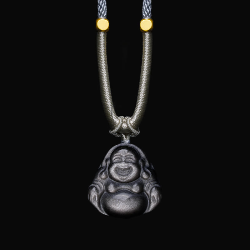 Buddha Stones天然銀光沢黒曜石 笑う仏陀 守護ネックレスペンダント - 笑う仏陀 ライトグレー ネックレス - image 6