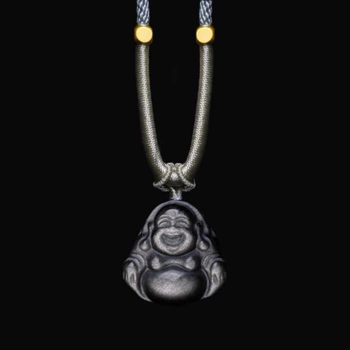 Buddha Stones天然銀光沢黒曜石 笑う仏陀 守護ネックレスペンダント - 笑う仏陀 ライトグレー ネックレス - image 6