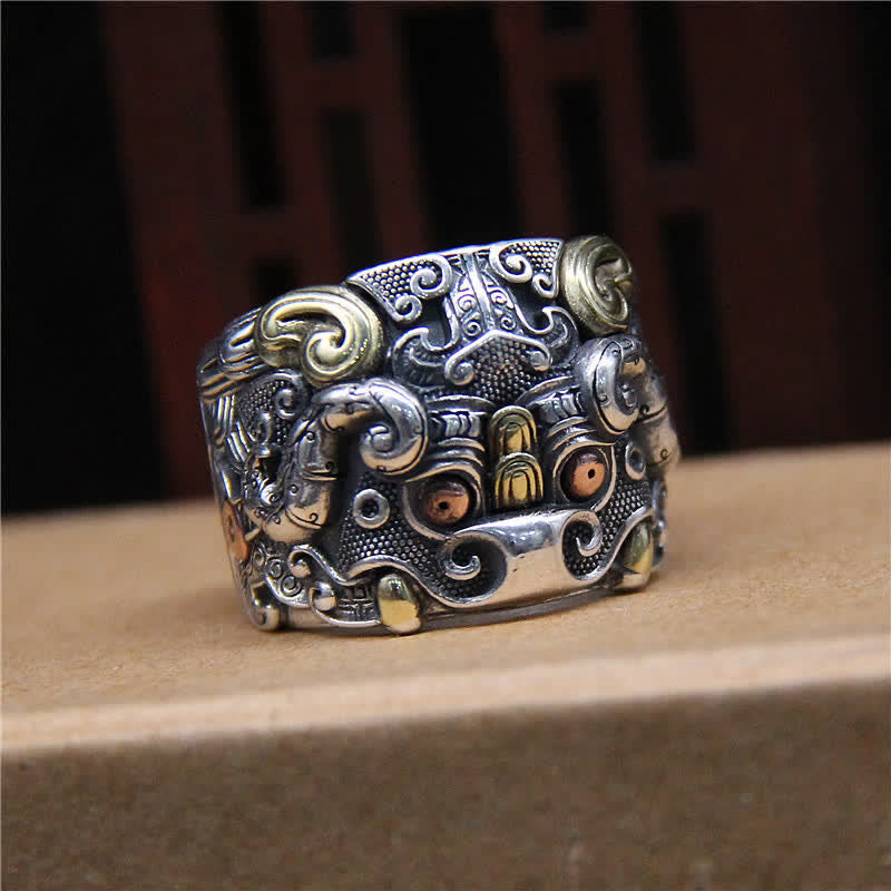 Buddha Stones925 スターリングシルバー 風水 魁 牛守 調節可能リング