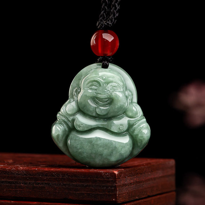 Buddha Stones天然グリーン翡翠 笑う仏陀 幸運 豊穣 ネックレス ペンダント