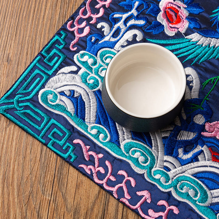 Buddha Stones鳳凰龍 麒麟刺繍 カップマットパッド ティーカップコースター カンフーティーマット