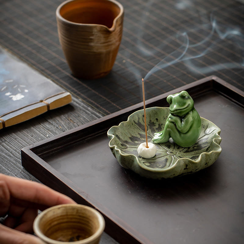 Buddha Stones葉 瞑想 カエル柄 癒し 陶器 香炉 装飾