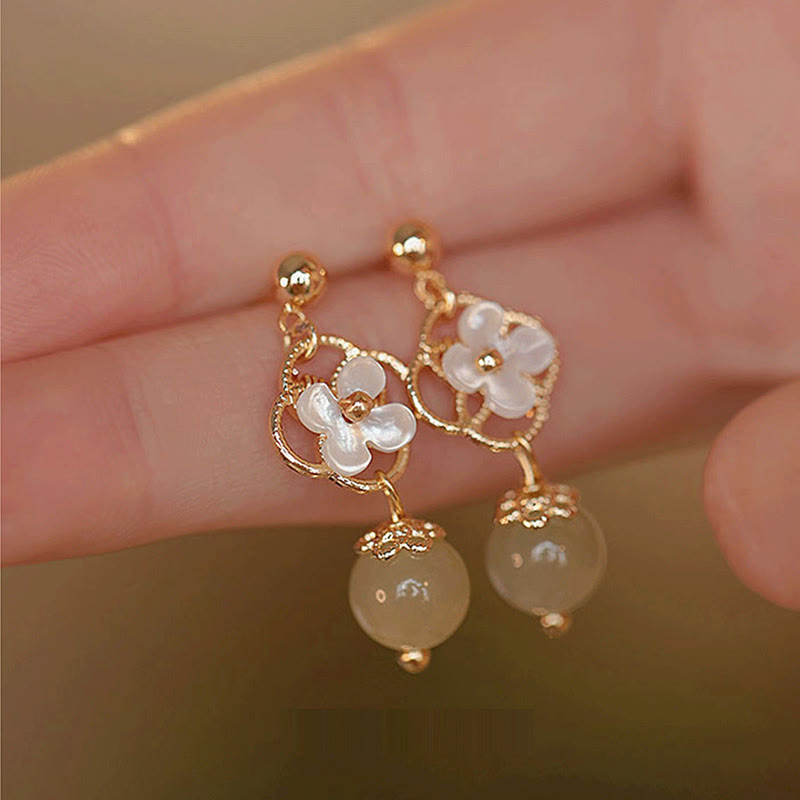 Buddha Stonesシャコガイ 石花 翡翠ビーズ 祝福 ドロップイヤリング