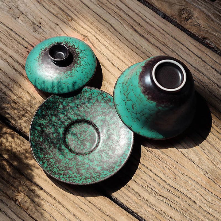 Buddha Stonesレトログリーン釉陶器蓋碗三彩ティーカップカンフーティーカップ＆ソーサー蓋付き