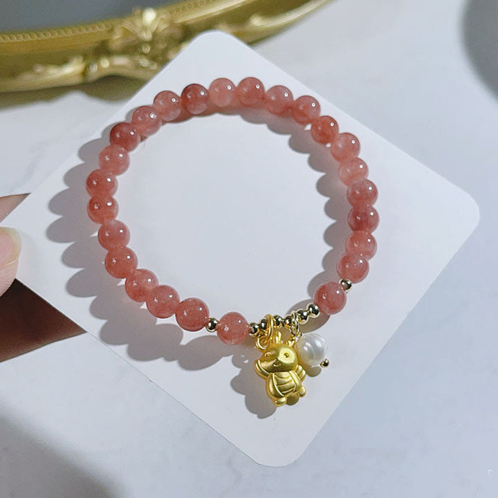 Buddha Stones年用ブッダストーン ストロベリークォーツ 龍珠 チャーム守護ブレスレット
