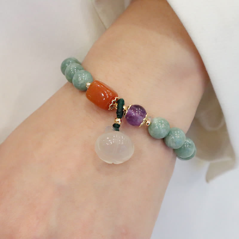 Buddha Stonesシアン翡翠 蓮の花 かぼちゃ 願い 平和バックル アメジスト クリスタル ヒーリングブレスレット