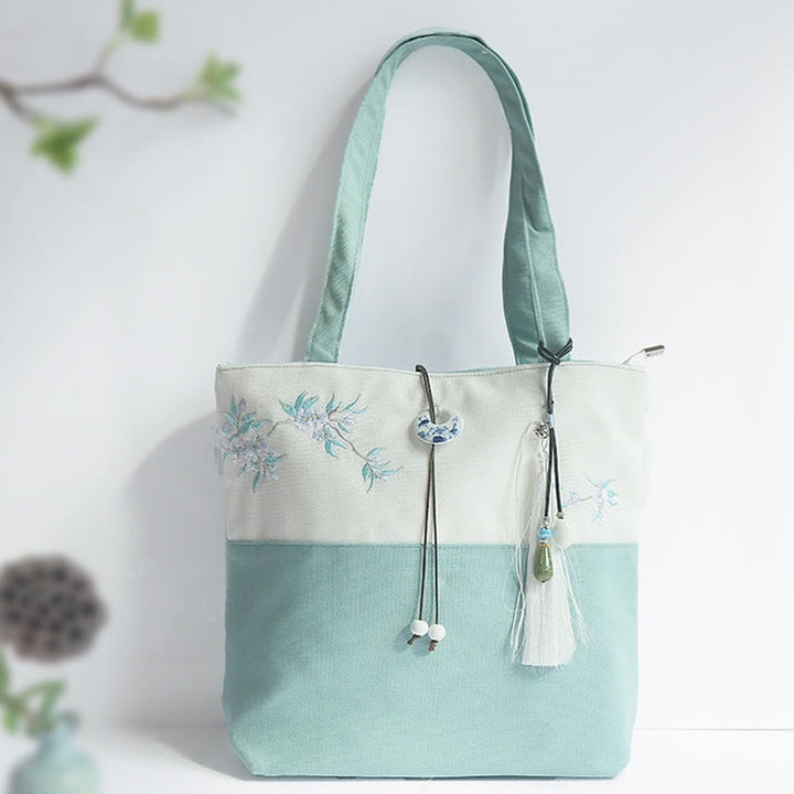 梨花 梅 桃の花 竹刺繍 キャンバス 大容量 ショルダーバッグ トートバッグ