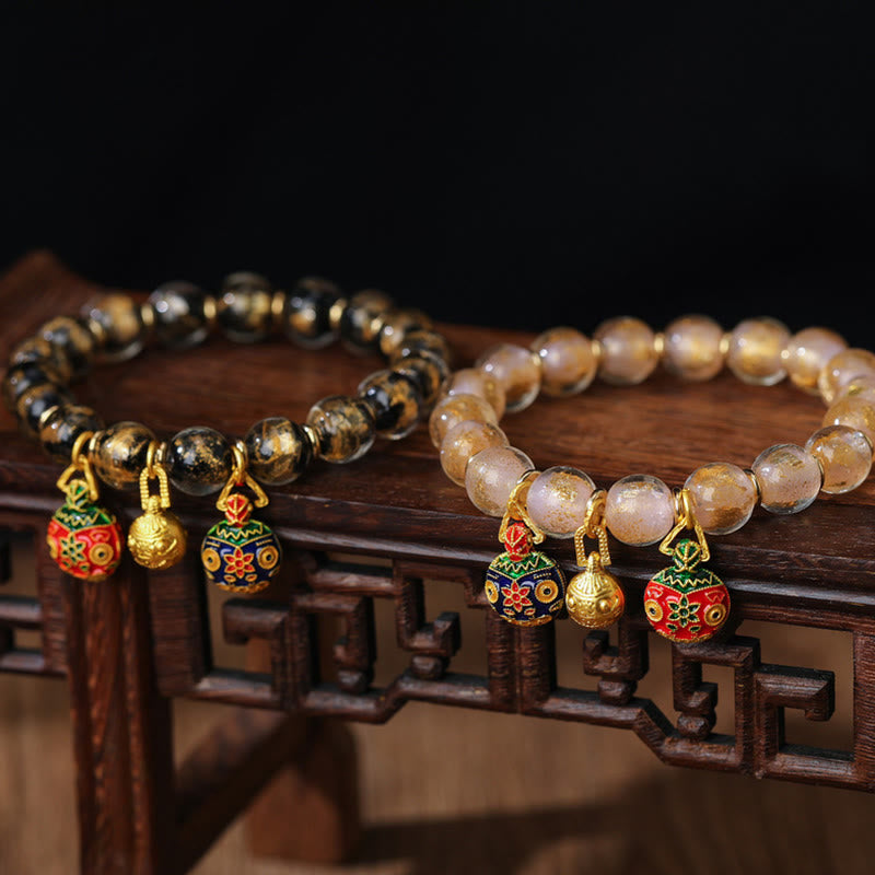 Buddha Stones金呑み獣ファミリーチャーム 金銀箔 琉璃ガラスビーズ 祝福ブレスレット