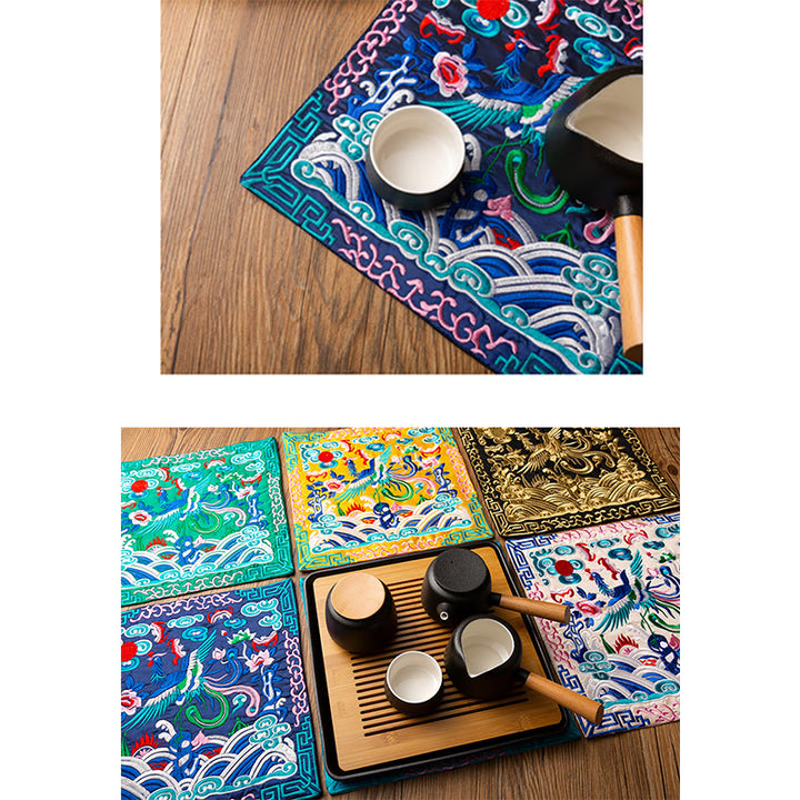 Buddha Stones鳳凰龍 麒麟刺繍 カップマットパッド ティーカップコースター カンフーティーマット