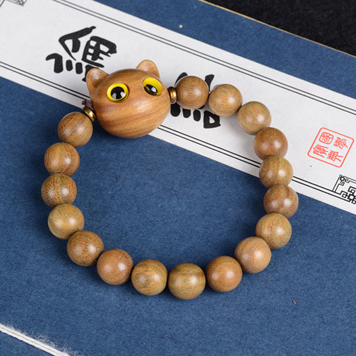 Buddha Stones、黒檀、緑檀、赤檀、愛らしい猫のバランスブレスレット - グリーンサンダルウッド猫 10mm×15個（手首周り14～16cm） - image 4