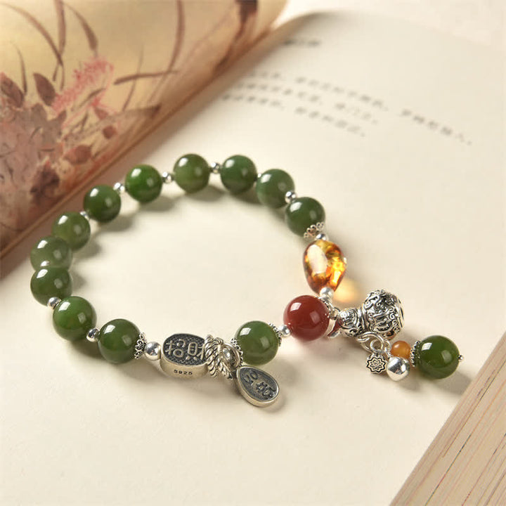 Buddha Stones 925スターリングシルバー 和田シアン翡翠ひょうたん琥珀成功ブレスレット