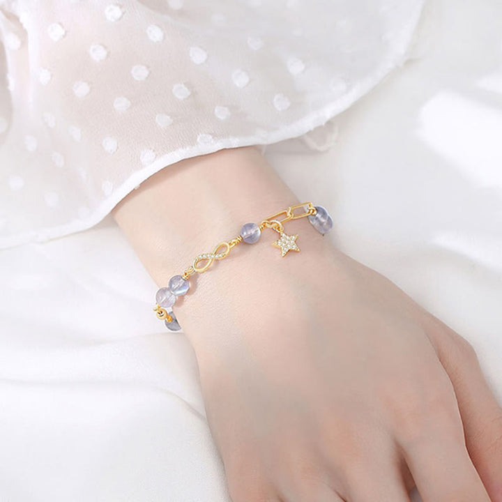 Buddha Stones 14Kゴールドメッキ 天然ストロベリークォーツ ムーンストーン メビウスループ 永遠の愛 星 ポジティブブレスレット