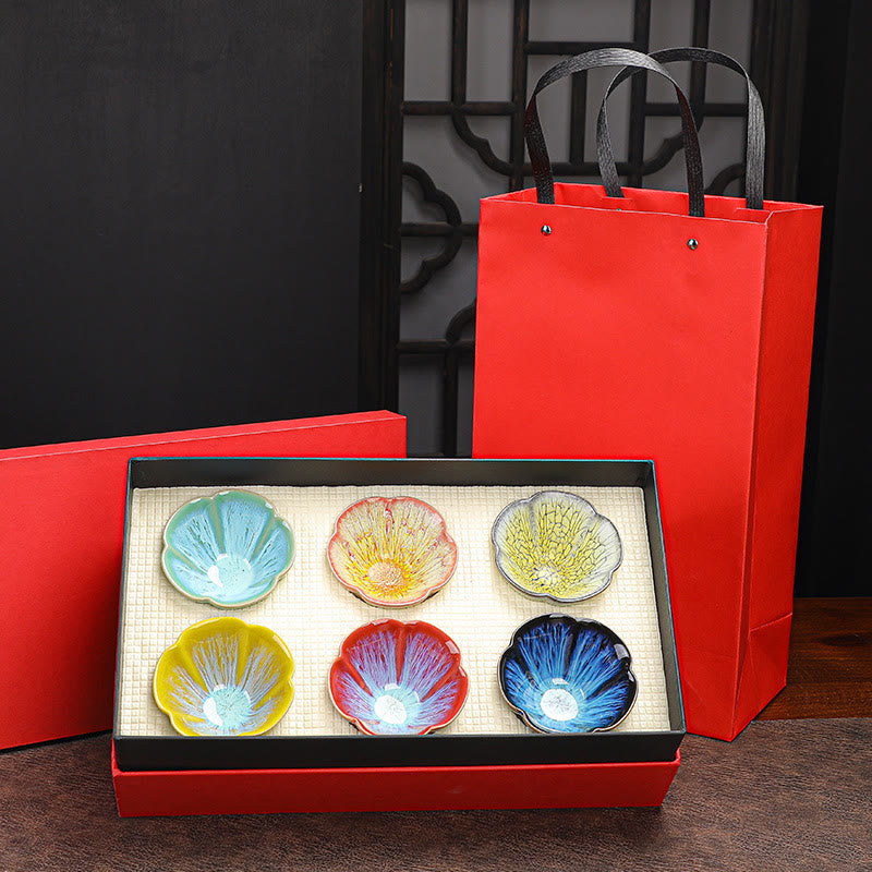 Buddha Stones6個 梅の花びら模様 中国 Jianzhan 窯変 陶器 ティーカップ カンフー ティーカップ ボウル ギフトボックス付き