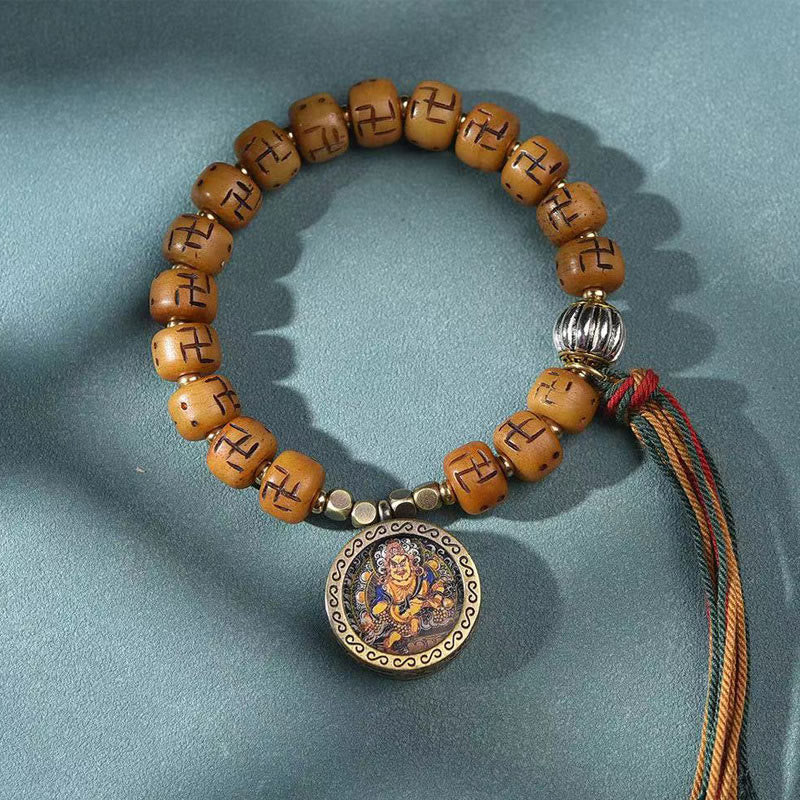 Buddha Stones天然チベットラクダ骨卍 Dzi ビーズ Shankha 仏陀チャーム Kirtimukha 幸運保護タッセルブレスレット