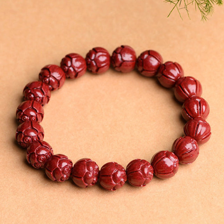 Buddha Stones天然辰砂オーム・マニ・パドメ・フムフレットパターン 蓮の祝福ブレスレット