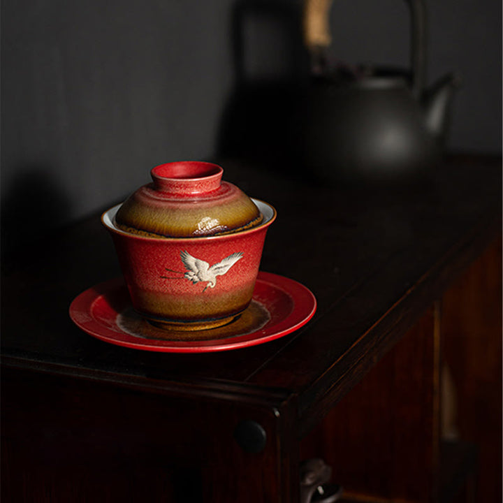 Buddha Stones赤縁起の良い鶴 陶器 蓋碗三彩 ティーカップ カンフーティーカップ＆ソーサー 蓋付き