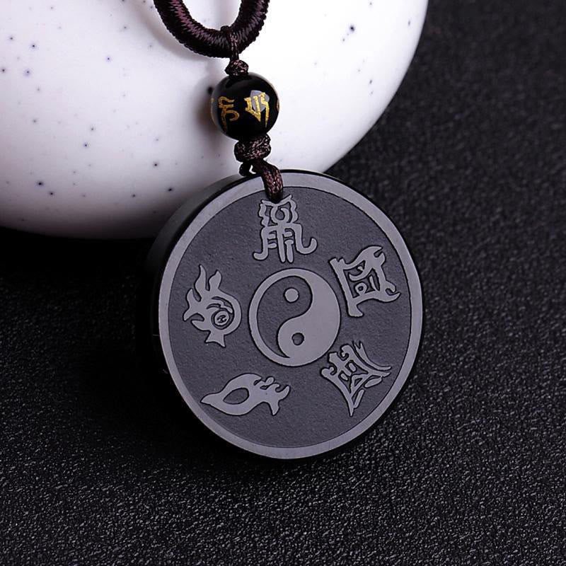 Buddha Stones天然黒曜石 道教 五大聖山 九字真言 彫刻 強さ 陰陽 ネックレス ペンダント キーチェーン - 黒曜石と弦 - image 1