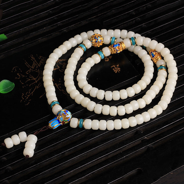 Buddha Stones天然ホワイト菩提樹の種子Mala108ビーズ 富のブレスレット