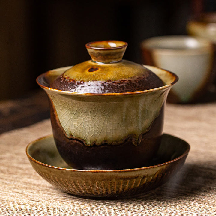 Buddha Stonesヴィンテージ ブラウン 窯変デザイン 磁器 セラミック 蓋碗 三彩 ティーカップ カンフー ティーカップ＆ソーサー 蓋付き