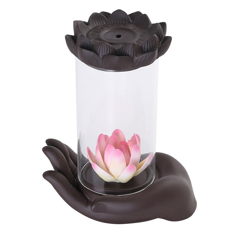 Buddha Stones仏陀の手 蓮 悟り LEDライト 紫 粘土 陶器 香炉 装飾