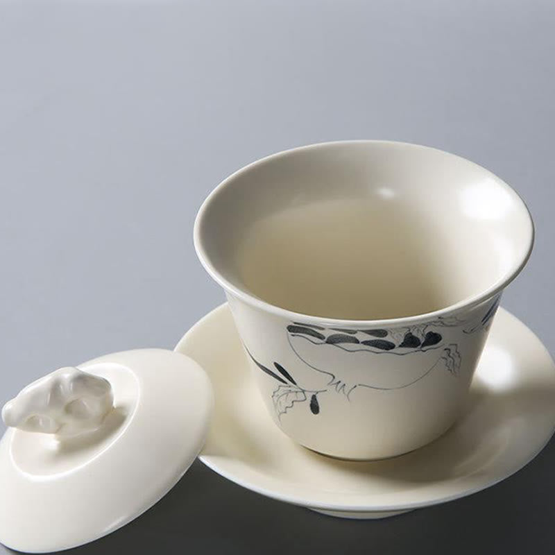 Buddha Stones手描きザクロハイビスカス松蓮陶器蓋碗三彩ティーカップカンフーティーカップ＆ソーサー蓋付き