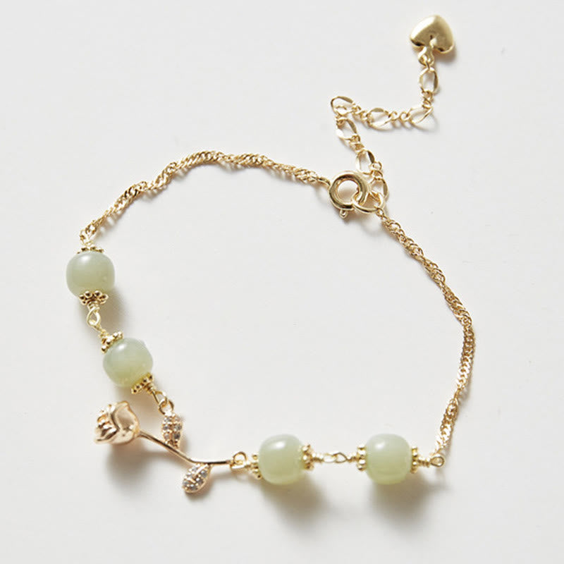 Buddha Stones14K ゴールドメッキ 和田翡翠 ゴールデンローズフラワー 幸運のチェーンブレスレット