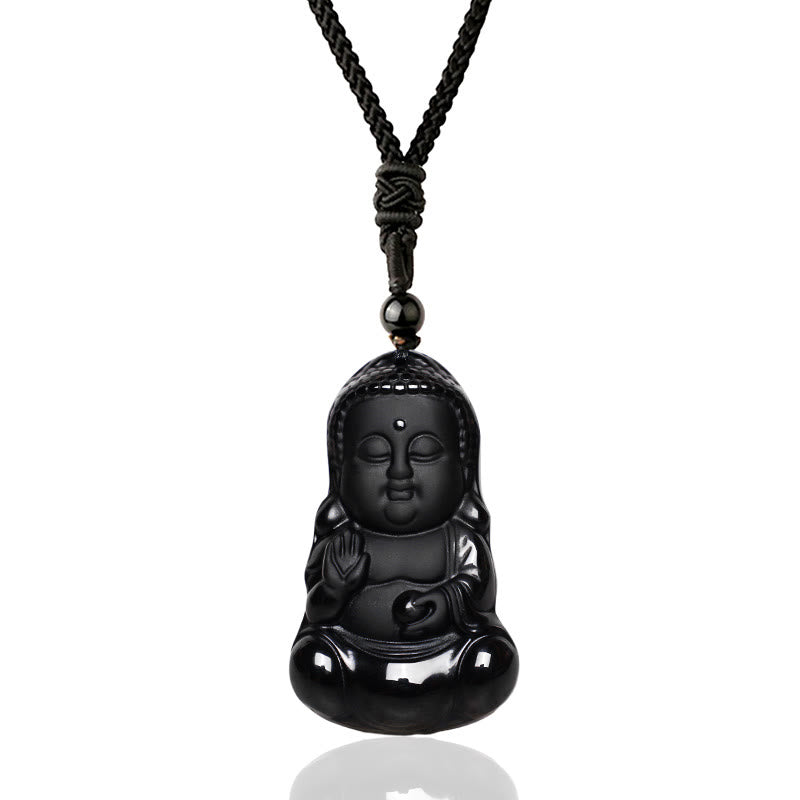 Buddha Stones天然黒曜石 水晶 仏陀の強さ 守護 お守り 幸運のお守り ペンダントネックレス - image 1