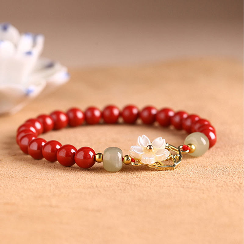 Buddha Stones天然辰砂翡翠ビーズ入りシャコガイ石花の祝福ブレスレット