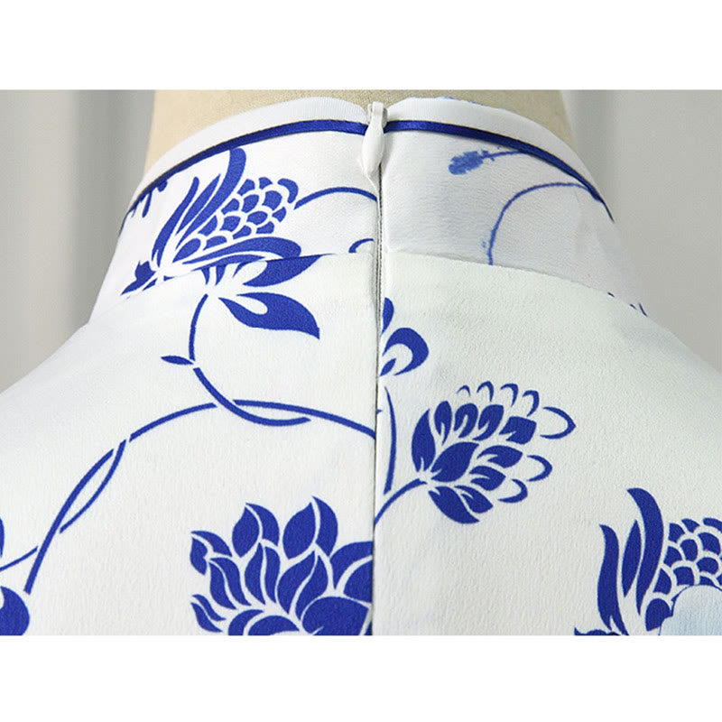 Buddha Stonesの青と白の磁器色の牡丹の花柄のチャイナドレスレディースチーパオドレス - image 11