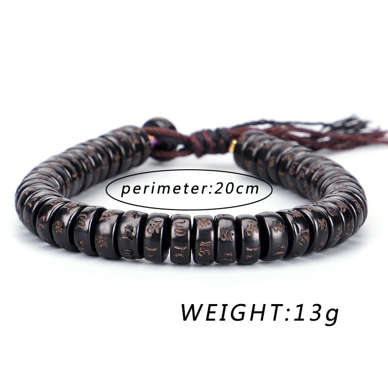 Buddha Stonesチベットココナッツシェルビーズ 彫刻入りオーム・マニ・パドメ・フムマントラ ポジティブストリングブレスレット