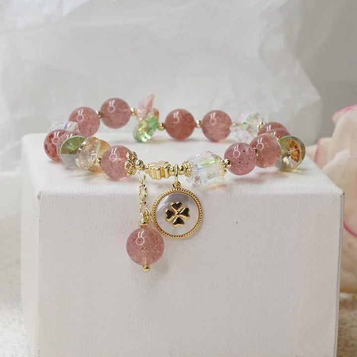 Buddha Stonesストロベリークォーツ 幸運の四つ葉のクローバー ヒーリングチャームブレスレット