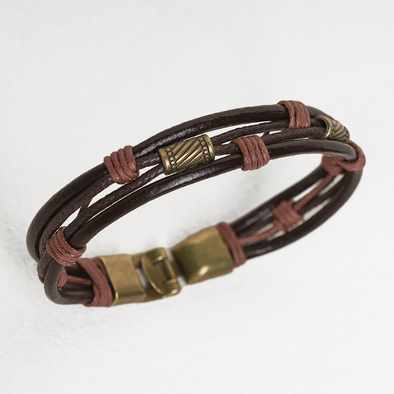 Buddha Stonesヴィンテージレザーリストバンド ブラウンロープ レイヤードブレスレット バングル