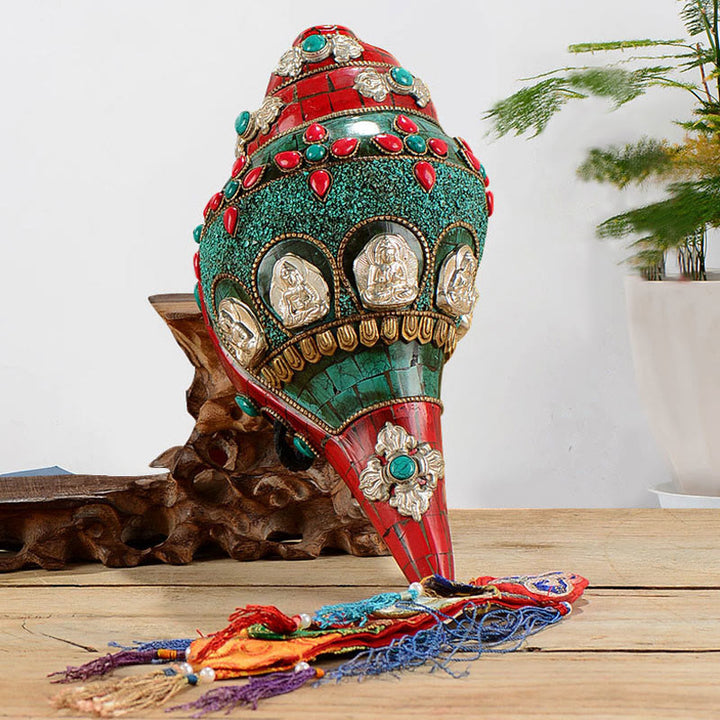 チベット手作り Shankha Om Mani Padme Hum Buddha Avalokitesvara ターコイズ コンクシェル ポジティブ装飾