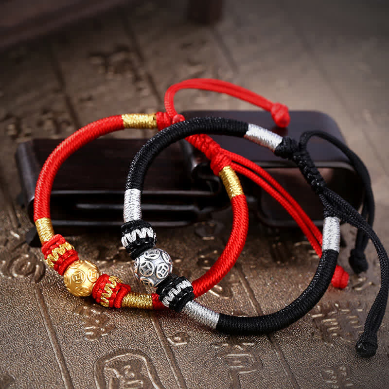 Buddha Stones999 スターリングシルバー ラウンド銅貨 守護 幸運 ビーズ ストリングブレスレット