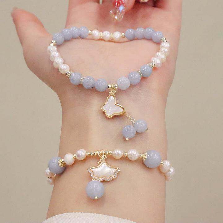 Buddha Stones天然アクアマリンパール ヒーリング イチョウの葉 バタフライ チャームブレスレット