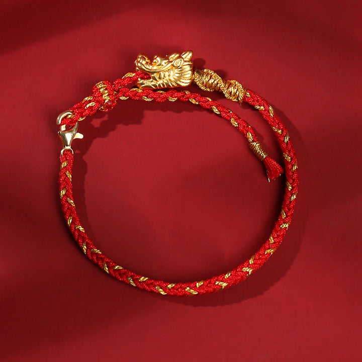Buddha Stones 999スターリングシルバー ハンドクラフト ドラゴン 幸運 8スレッドノット赤紐編み込みブレスレット