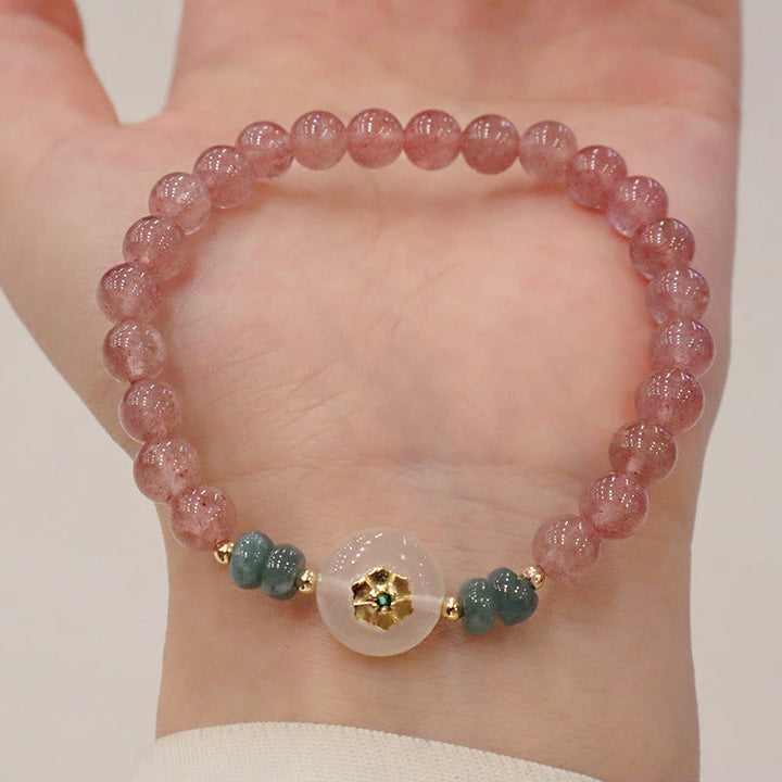Buddha Stones天然ストロベリークォーツ カルセドニー 翡翠 ヒーリングブレスレット