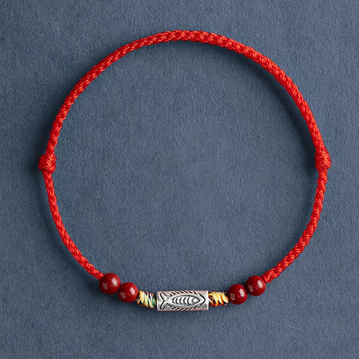 Buddha Stones 925スターリングシルバー 鯉 辰砂 ビーズ 富 手作り 編み込み ブレスレット アンクレット