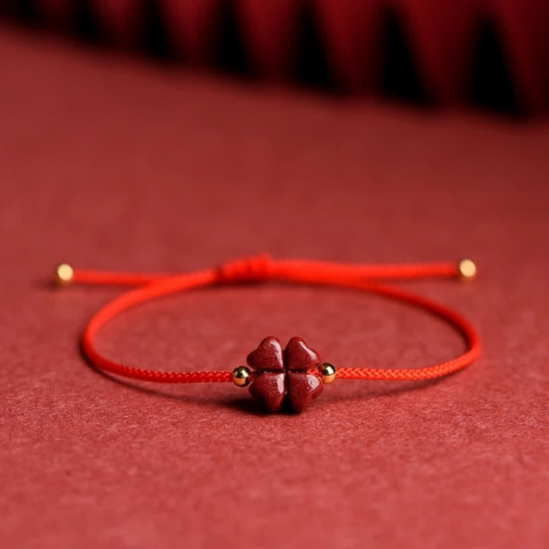 Buddha Stones天然辰砂 四つ葉のクローバー 祝福の赤い紐ブレスレット アンクレット