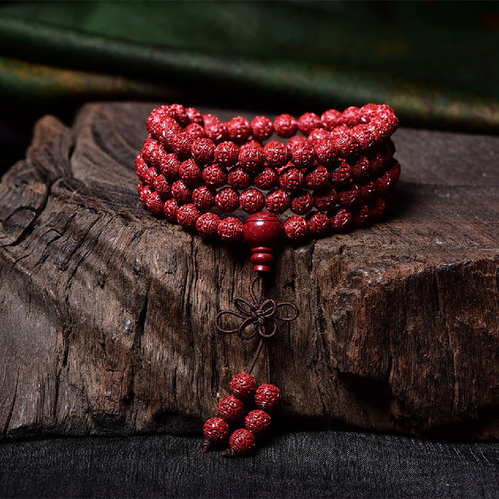 Buddha Stones 108Malaビーズ 辰砂Om Mani Padme Hum模様 刻印入り 祝福ブレスレット
