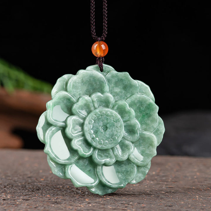 Buddha Stones蓮模様 翡翠 幸運 繁栄 ネックレス ペンダント