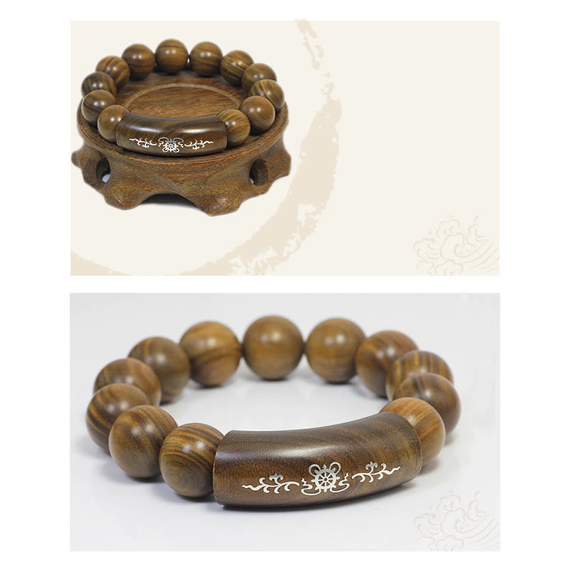 Buddha Stones999 スターリングシルバー グリーンサンダルウッドオーム・マニ・パドメ・フムドラゴンフェニックス ダルマチャクラ象嵌 平和ブレスレット