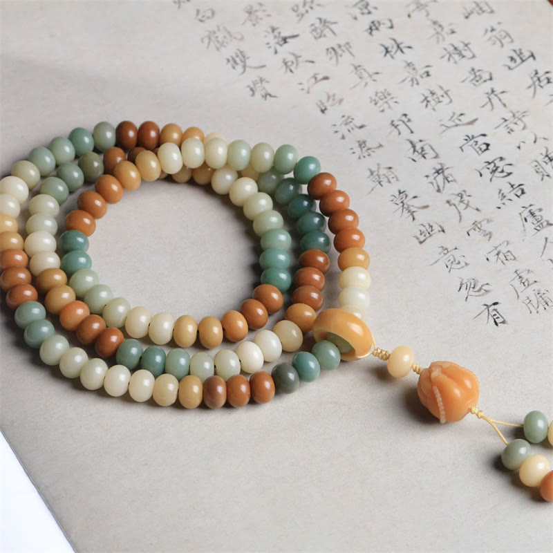 Buddha Stones 108マーラー数珠ビーズ グラデーション 菩提樹 仏陀 手彫り 平和ブレスレット - image 2