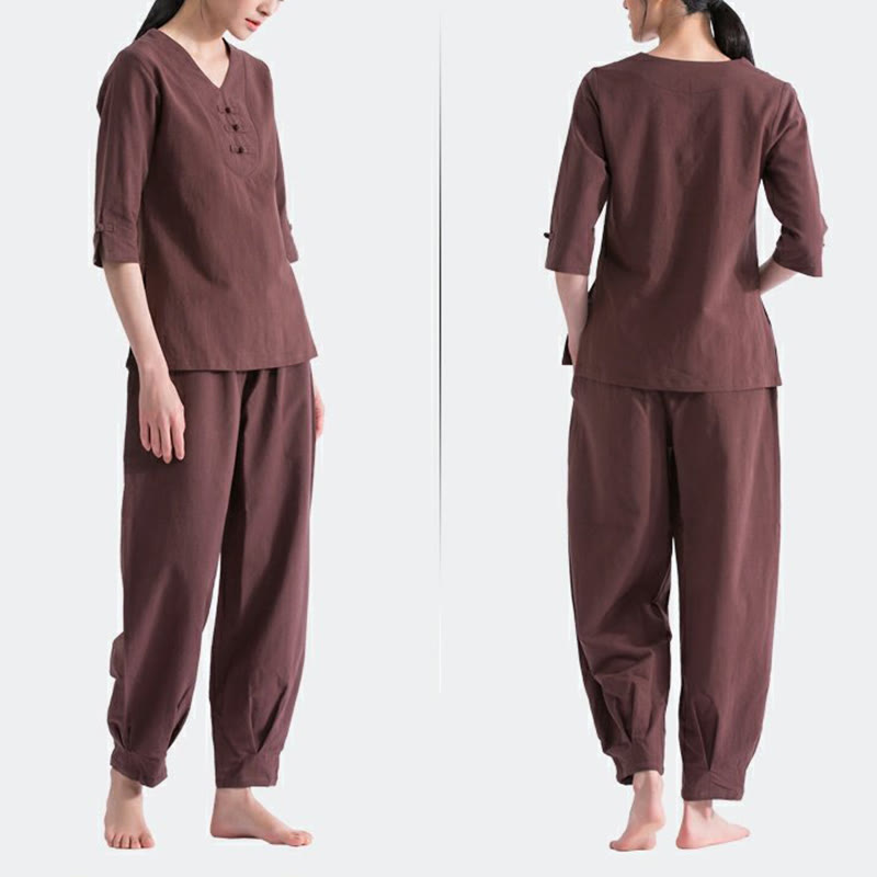 Buddha Stonesヨガ瞑想祈りVネックデザインコットンリネン服ユニフォーム禅練習レディースセット