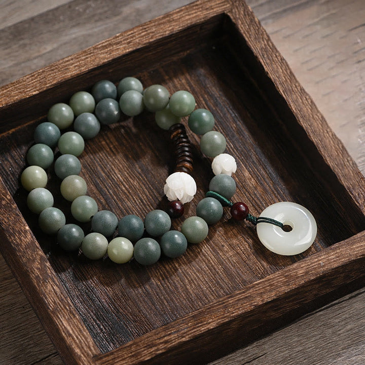 Buddha Stonesシアン菩提樹の種子 蓮の翡翠 平和バックル ウィズダム ダブルラップブレスレット